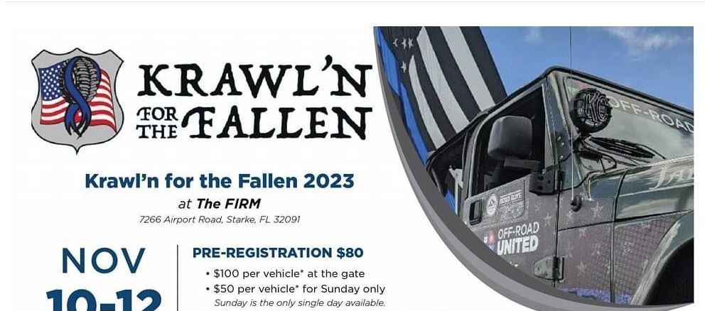 Krawl'n for the Fallen 2023 at The Firm Pre-Registration $80 $100 per vehicle at the gate $50 per vehicle for Sunday only (Sunday is the only single day available) Trails will close Saturday at 5 p.m. for night ride preparations.  Camping $20 per night, Friday at 12 p.m. through Sunday at 4 p.m. (Reservations are required to camp)