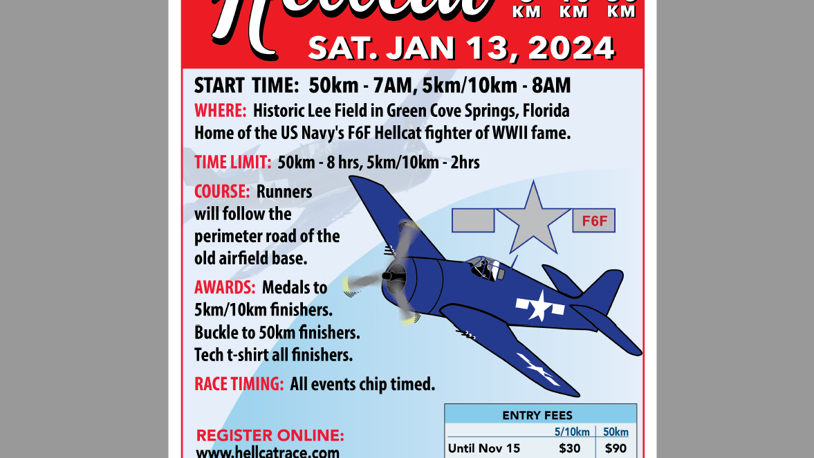 Hellcat 5K, 10K & 50K Runners will follow the perimeter road of the old airfield base. Medals to 5km/10km finishers. Buckle to 50km finishers. Tech t-shirt all finishers.