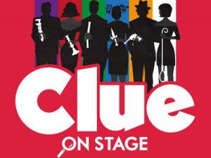 Red background graphic of clue on stage with shadow profiles of characters holding clue game pieces with colored spotlights behind