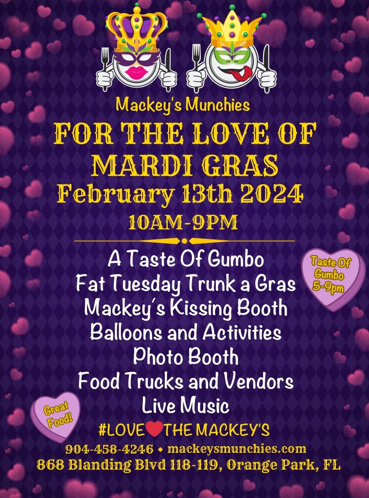 Purple event flier with pink hearts and event information text in yellow