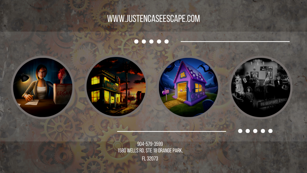 Icons of four themed escape rooms at Just Encase at Orange Park