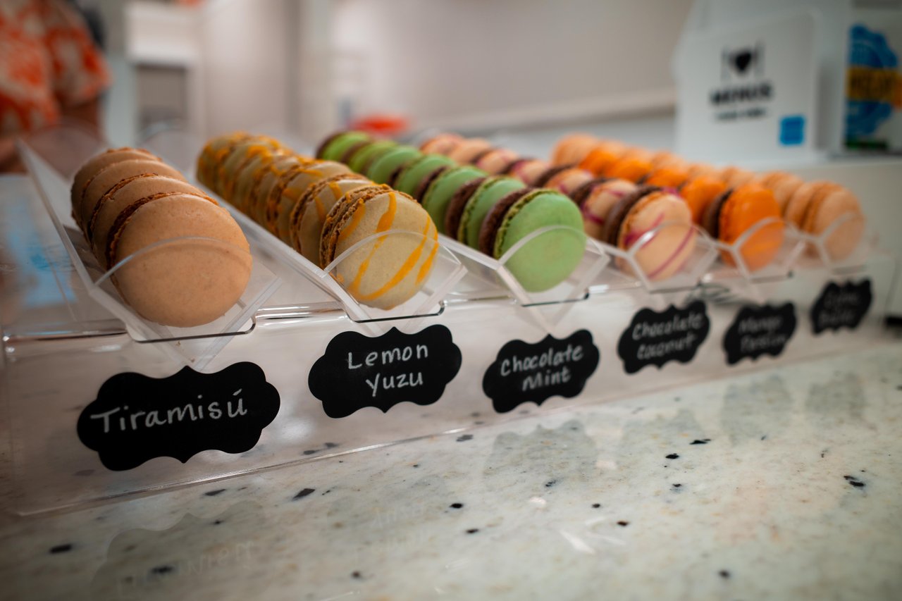 macaroons in a glass case