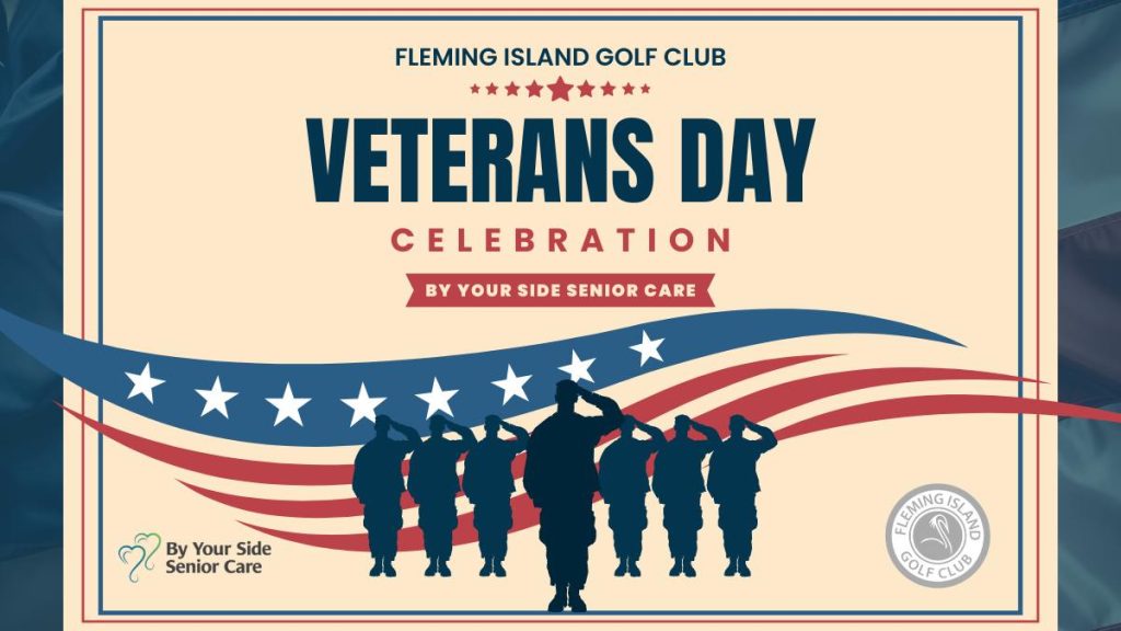 Veterans Day event flier with image of veterans and american flag