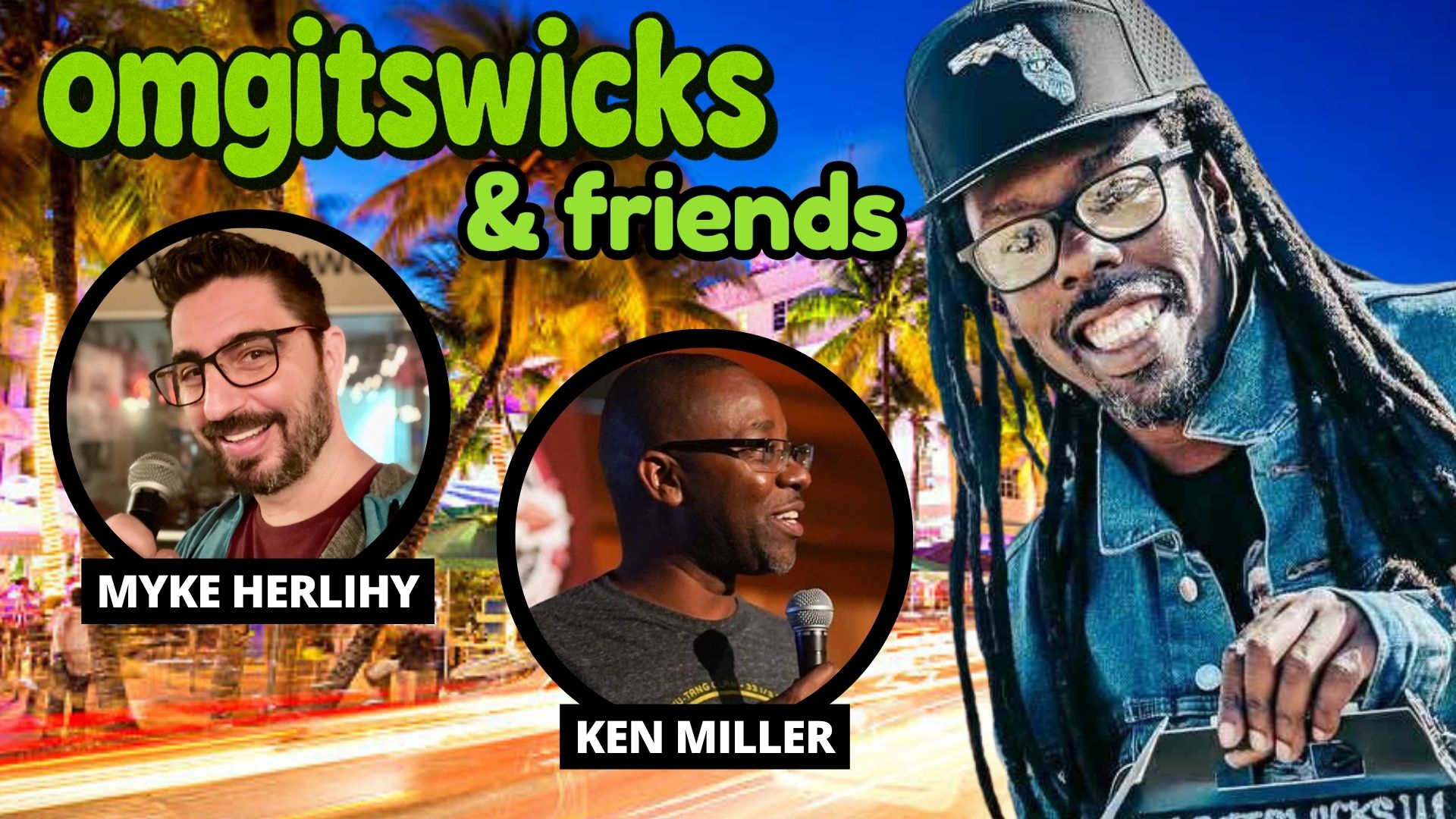 Headshots of show performers on a cityscape background.