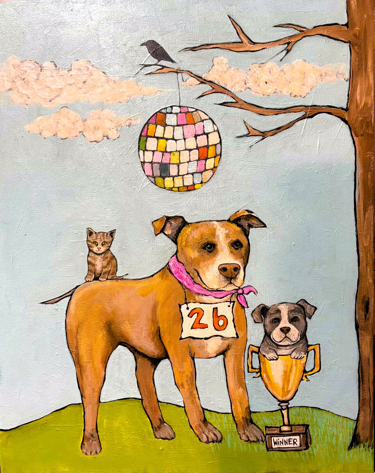 Painting of two dogs and a cat under a tree.